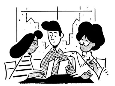 테이블 주위에 사람들이 모여 있는 Notion 앱 일러스트