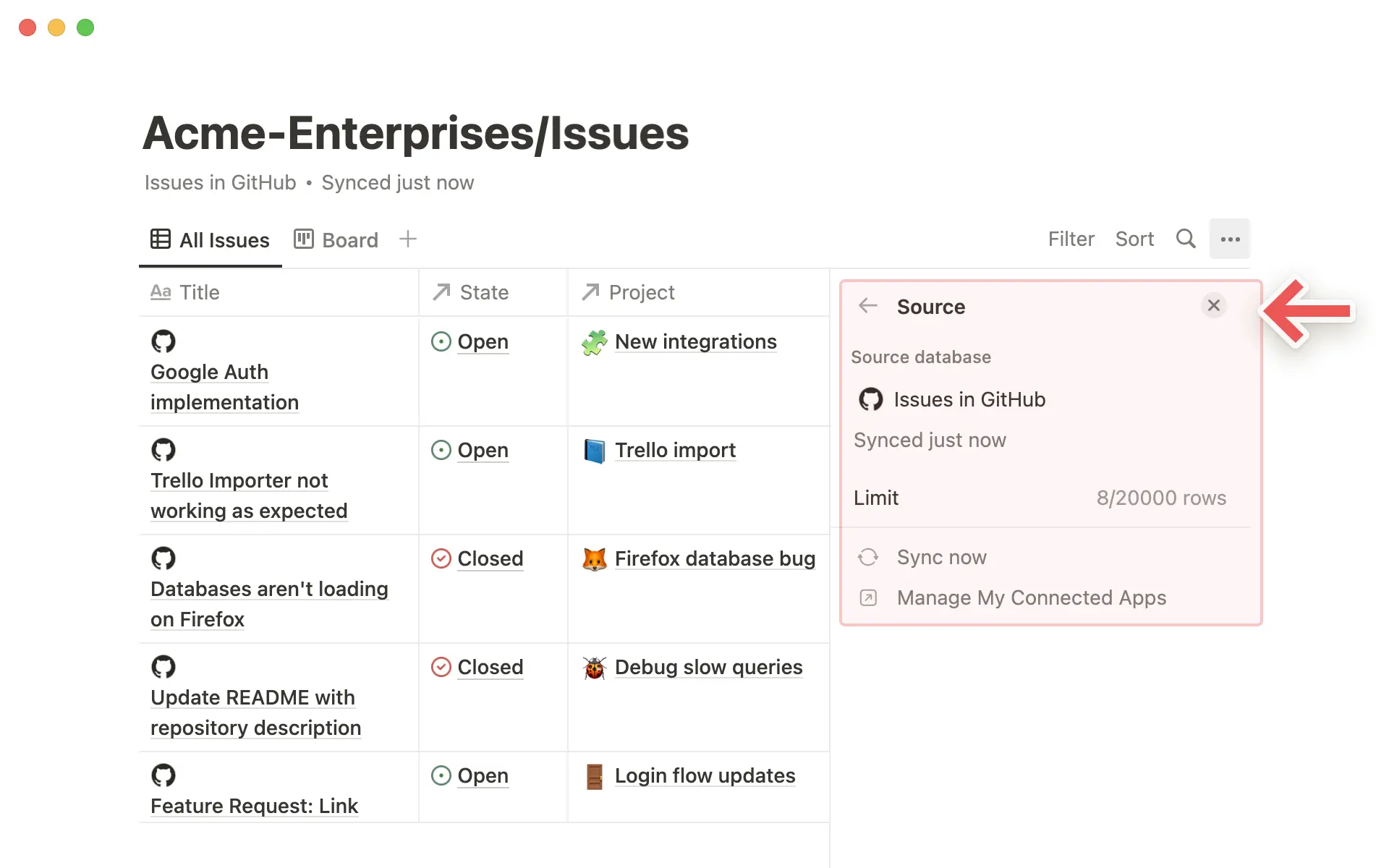 동기화된 데이터베이스 소스