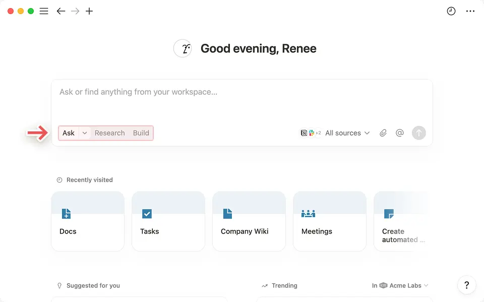 필요에 따라 Notion AI에게 답변을 찾거나, 주제를 리서치하거나, 리포트를 생성하거나, 데이터베이스를 구축하도록 요청할 수 있습니다.