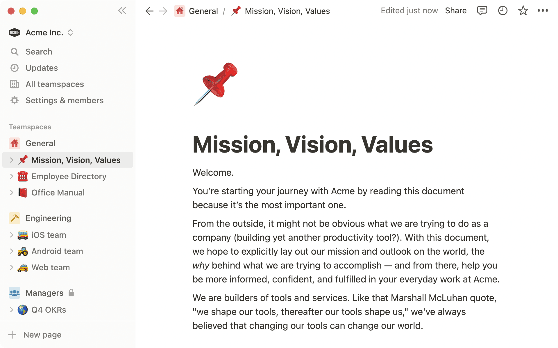 전체, 엔지니어, 관리자용 팀스페이스가 생성된 Notion 앱 스크린샷