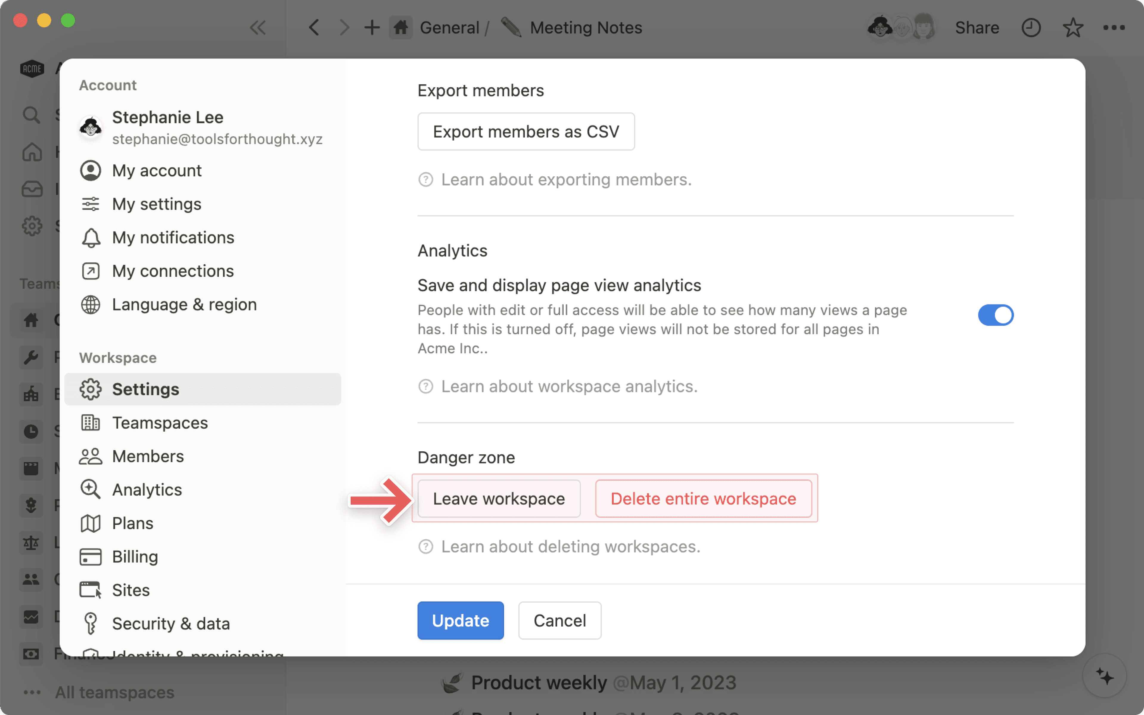 도움말 센터: 워크스페이스 나가기 또는 삭제