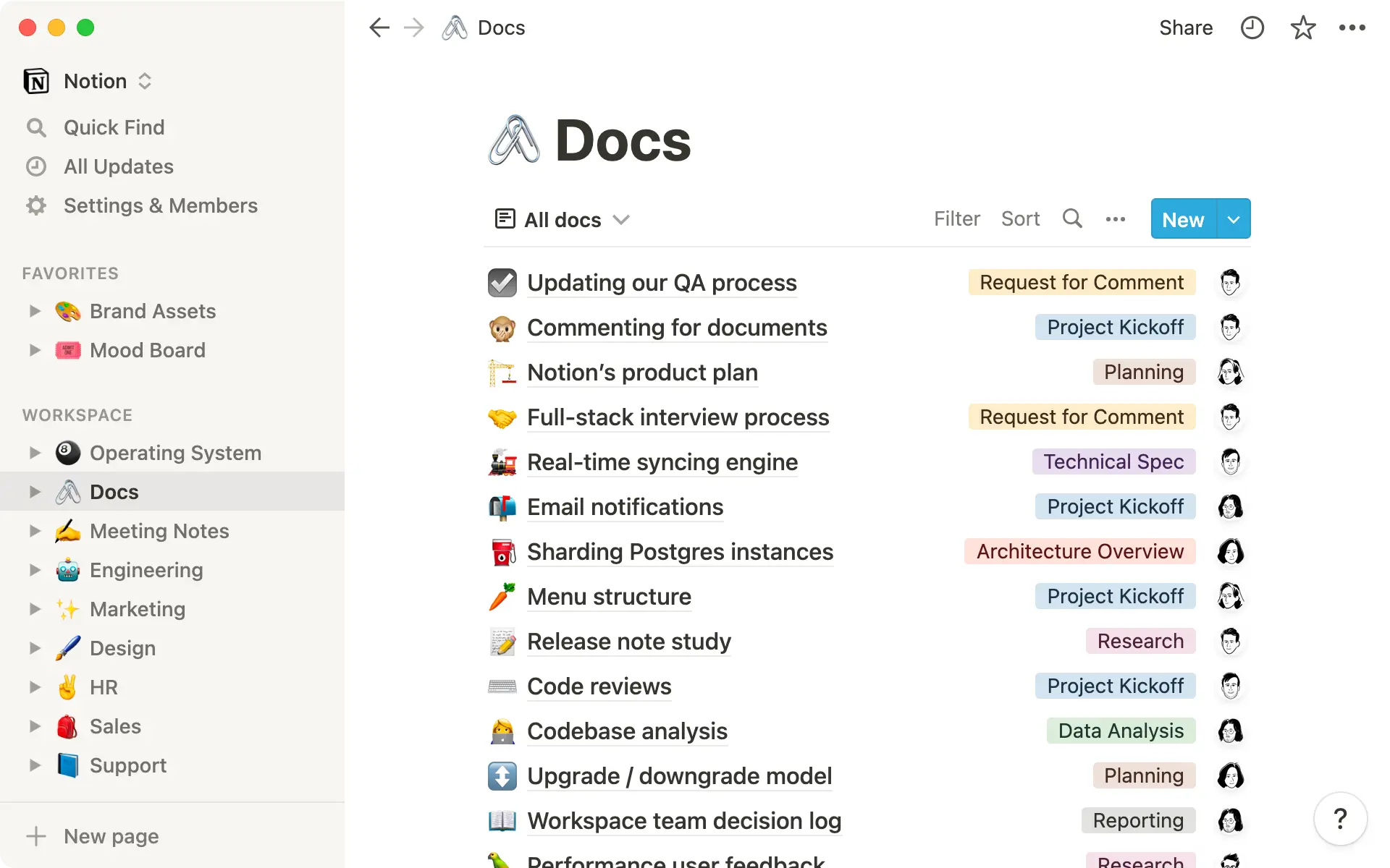 A fictionalized version of Notion’s docs database, where entries are tagged by type.