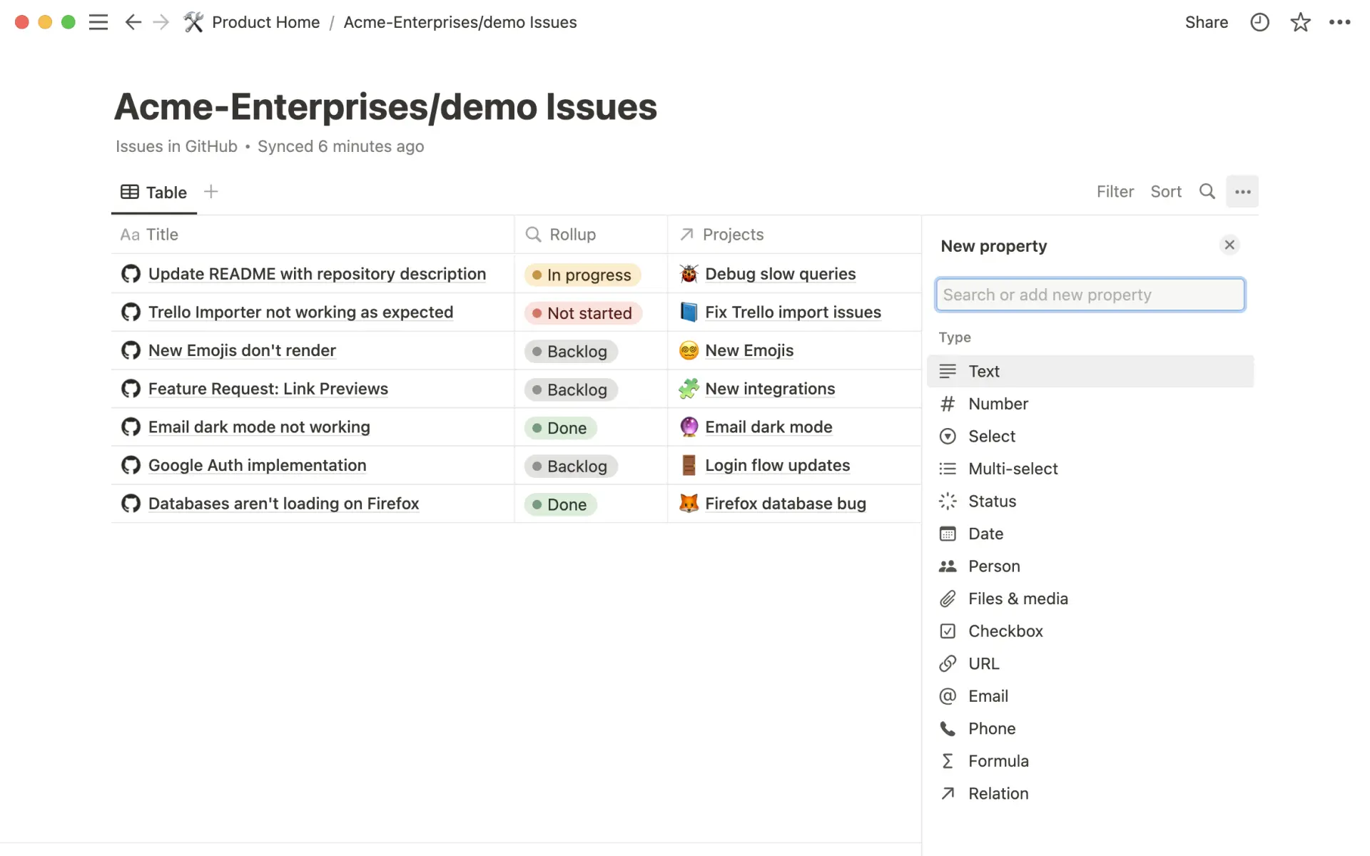 동기화된 데이터베이스 새 속성