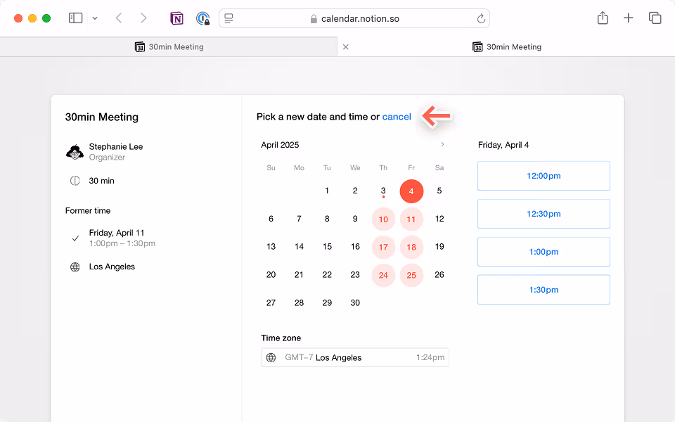 일정을 변경하거나 취소하려면 이메일의 캘린더 초대 링크를 클릭하세요.