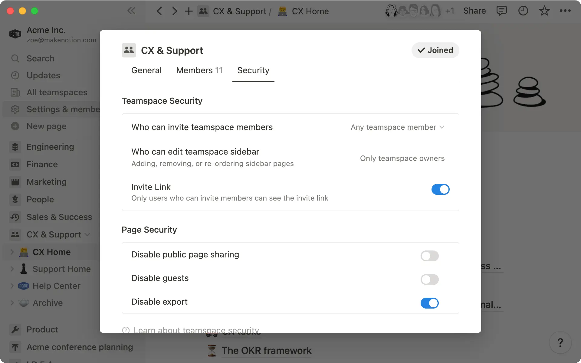 팀스페이스마다 보안 설정을 사용자 지정하고 외부 공유를 제어할 수 있습니다.