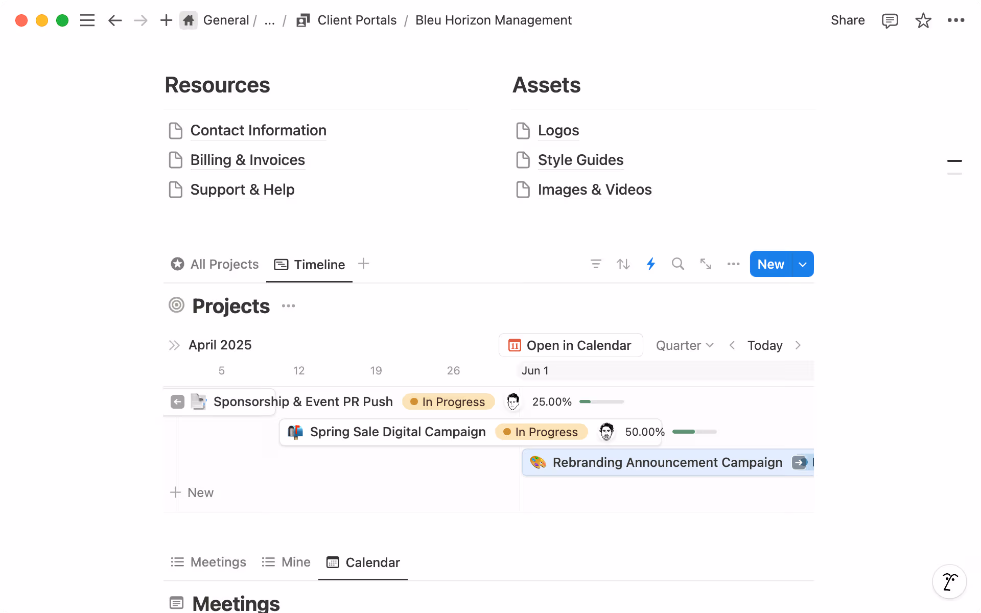Use the Timeline view to track the lifecycle of marketing campaigns or PR launches.