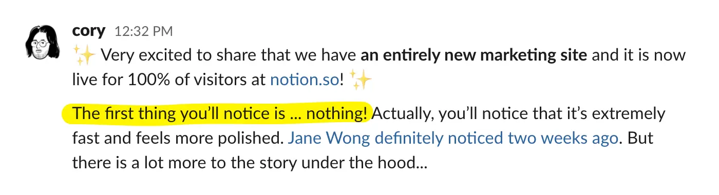 Message posted in Slack announcing static site launch.