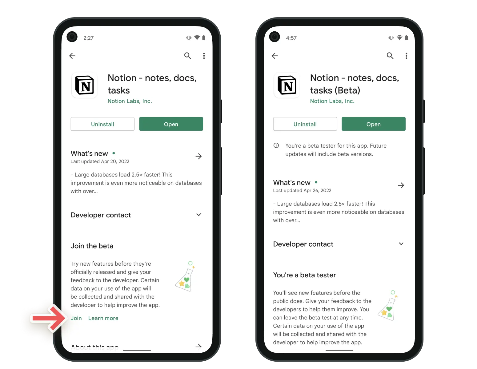 Google Play Store에서 Notion의 Android 베타 앱에 가입하는 스크린샷
