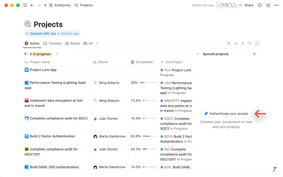 '사용 권한 인증' 을 클릭하여 본인 인증을 완료하고 Jira 프로젝트를 Notion으로 가져옵니다.