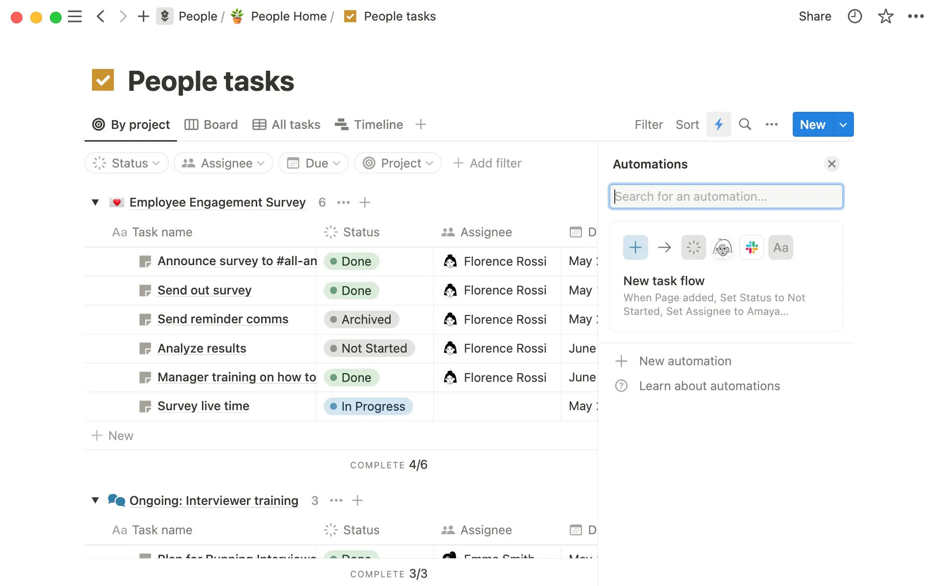 모든 데이터베이스에 자동화를 추가할 수 있습니다. 자동화는 프로젝트와 작업 관리를 위한 강력한 도구입니다.