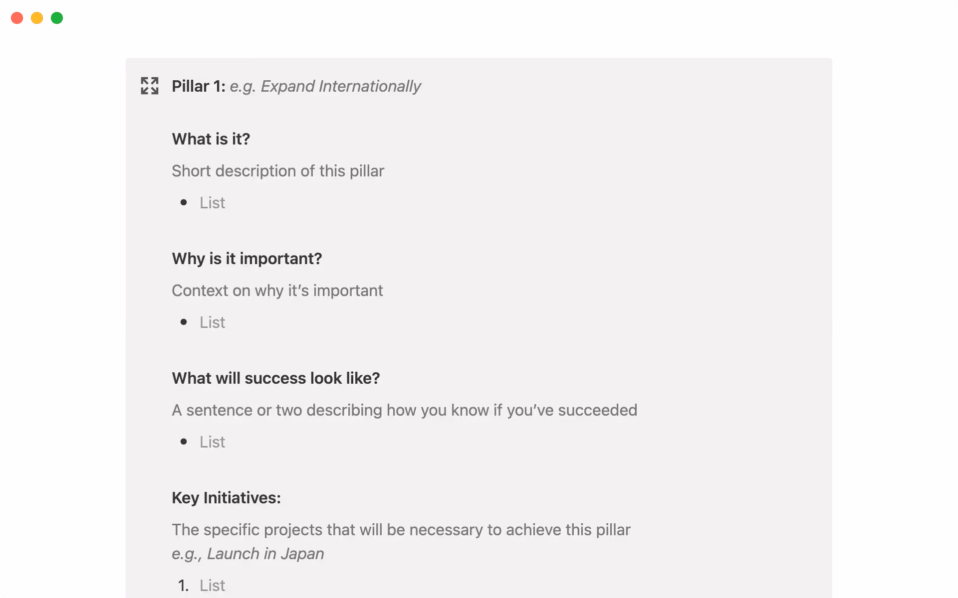 목적, 이유, 성공 지표, 주요 이니셔티브를 정의하여 각 전략의 기반을 구축하세요.
