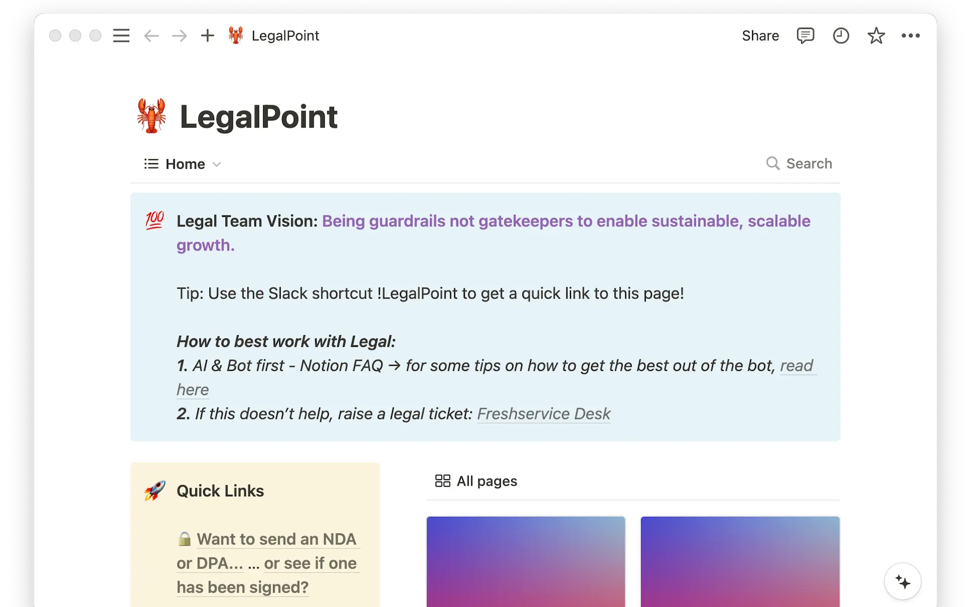 The Liberis legal team's wiki is one of the most visited pages in the company's Notion workspace.